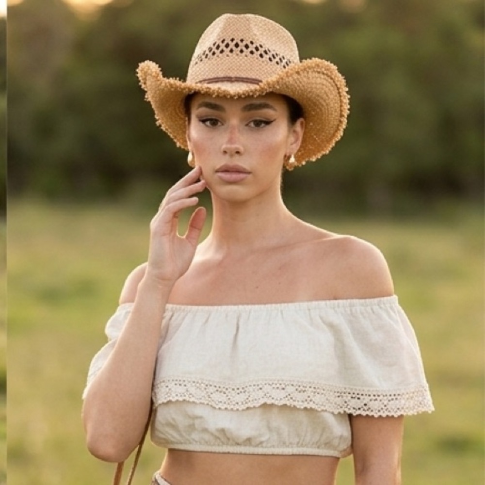 VINTAGE Straw Cowboy Hat with Woven Design Western Country Trendy Babe